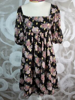 NASTY GAL Wmns Sz 4 Black Floral Gold Babydoll Dress Puff Sleeve Boho Tweecore